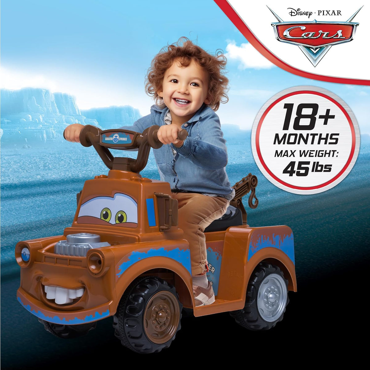 Kid Trax - Cuatriciclo eléctrico de juguete para montar con diseño de Tow Mate de Cars 3 de Disney para niños pequeños de 1 año y medio a 3 años y con peso máximo de 45 libras, batería de 6 voltios y