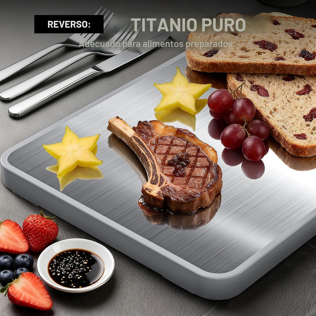 Tablas de cortar de titanio para cocina, tabla de cortar de madera de ébano, tabla de cortar de metal de doble cara con asa y canal para jugos, ideas de electrodomésticos de cocina para carne y charcutería