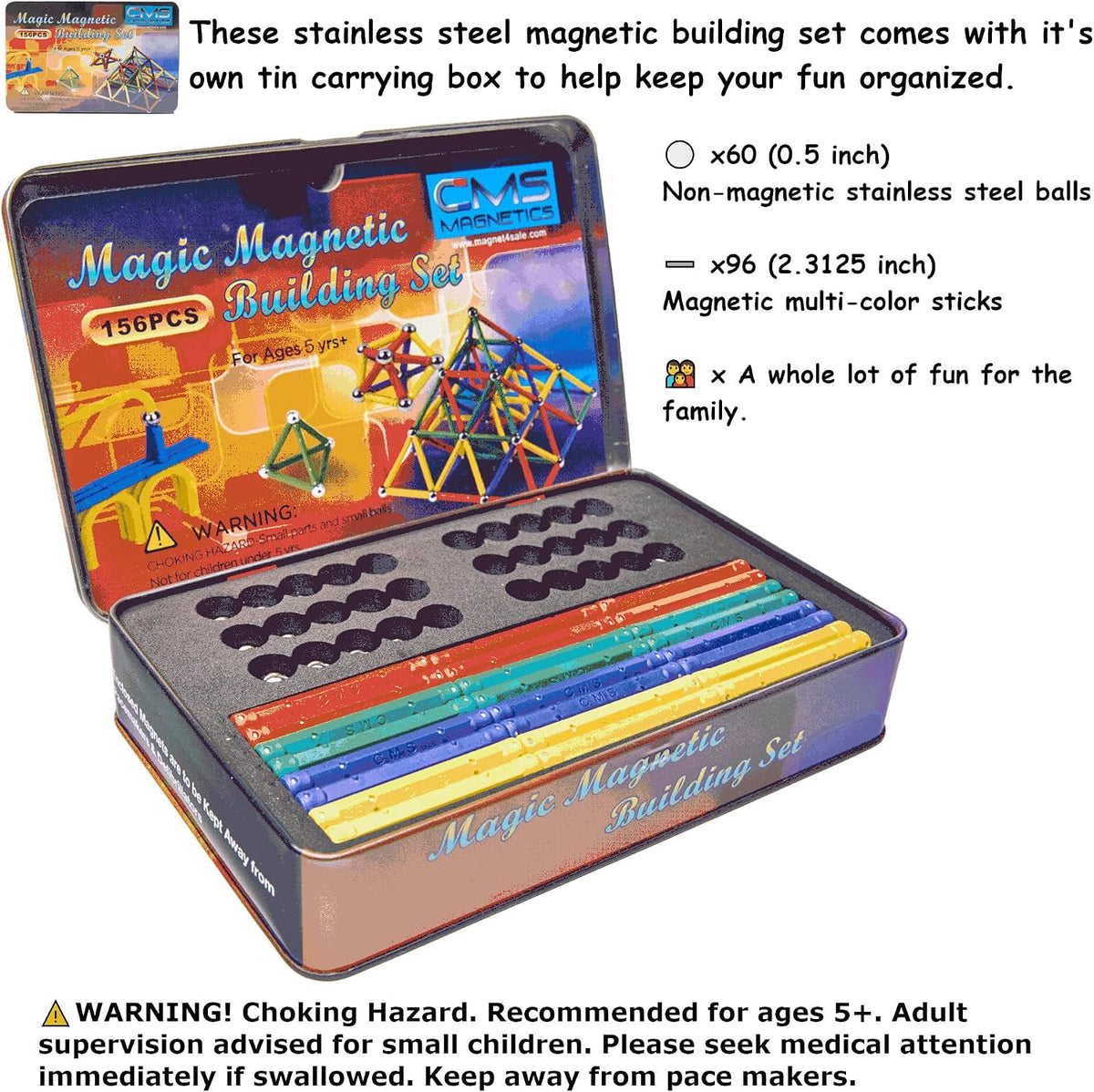 CMS MAGNETICS - (156 piezas de caja de lata de juguete de construcción con imanes multicolores, juego de palos de construcción, actividad educativa de aprendizaje STEM para el desarrollo cerebral,