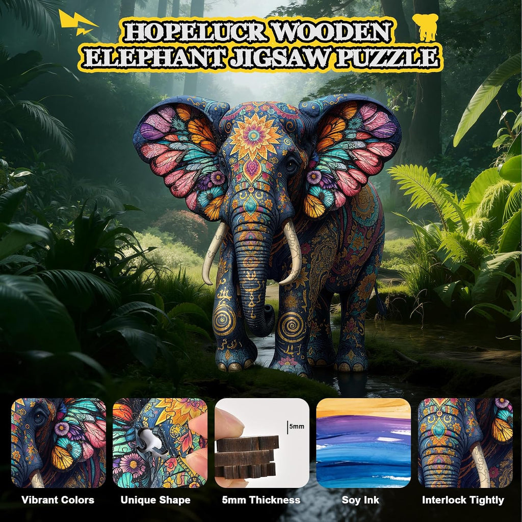 Rompecabezas de madera para adultos, rompecabezas de madera de elefante de 200 piezas, rompecabezas de madera con forma de animal único para adultos y niños, divertidos rompecabezas de elefante floral