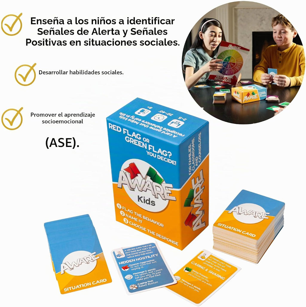 AWARE Juego de cartas para niños: aprende a detectar comportamientos de bandera roja y bandera verde a través del juego | Enseña comportamientos saludables vs no saludables | Edades 8 a 12 | Uso