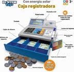 Calculadora solar con cajita registradora de juguete y dinero de juego – Set de 67 piezas para aprender habilidades de matemáticas, caja registradora STEM para niños (gris)