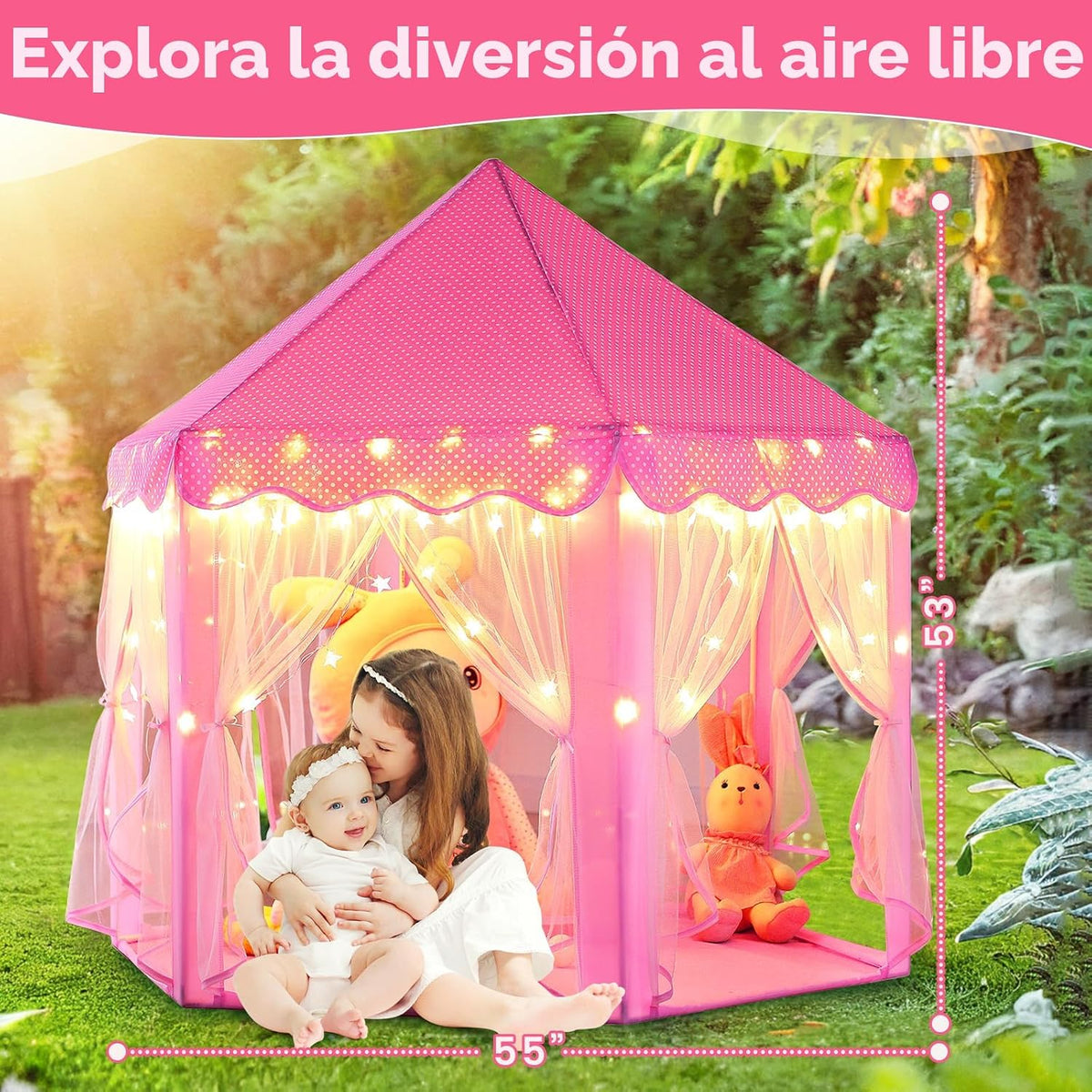 Tienda de campaña de princesa para niñas, casa de juegos grande, castillo para niños, tienda de campaña con luces de estrella, juguete para interiores y exteriores, 55 x 53 pulgadas