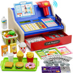 Caja registradora de madera recargable para niños, juguetes educativos para niños en color azul