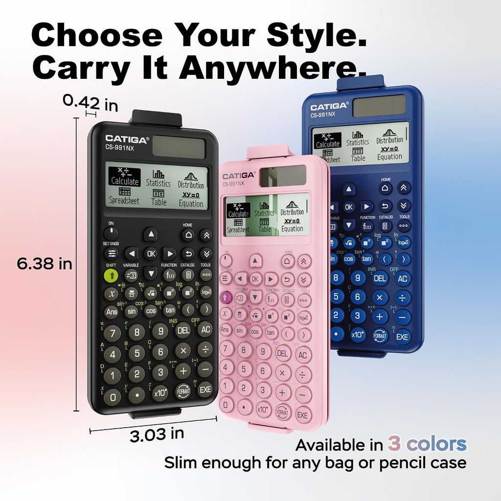 CATIGA Calculadora científica negra con pantalla HD estilo libro de texto, calculadoras científicas solares y de batería para estudiantes universitarios, secundaria e ingeniería, menú de iconos y