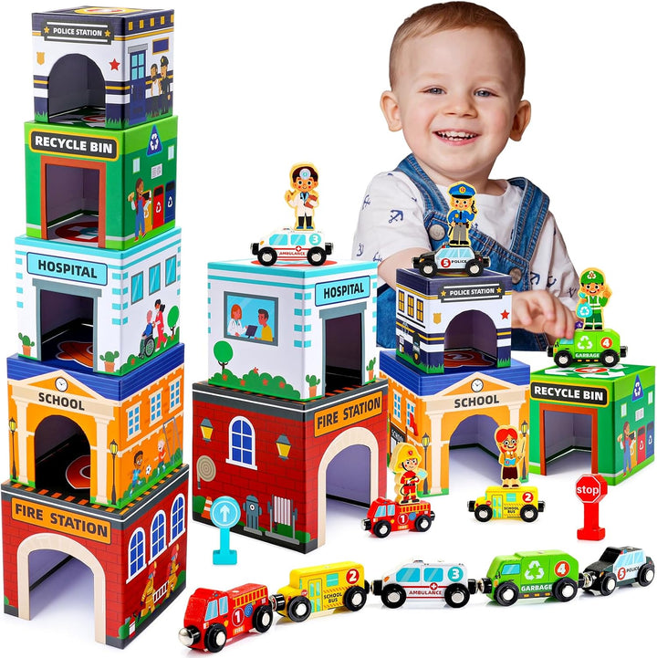 Juguetes apilables para bebés pequeños, autos magnéticos de madera...
