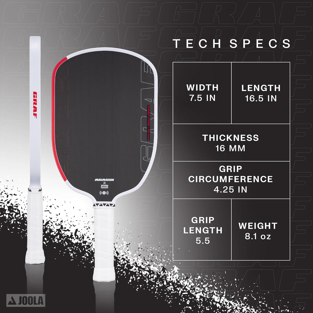 JOOLA GRAF Pro IV 16mm Pala de pickleball con punto óptimo extendido - Superficie de fibra de carbono aumenta el giro y el control - Película SK para potencia y punto óptimo más grande - Certificado