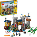 LEGO Creator 3 en 1 - Juguete de castillo medieval que se transforma de castillo a torre en mercado, incluye figura de esqueleto y dragón, con 3 minifiguras y catapulta, 31120