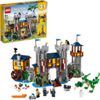 LEGO Creator 3 en 1 - Juguete de castillo medieval que se transforma de castillo a torre en mercado, incluye figura de esqueleto y dragón, con 3 minifiguras y catapulta, 31120