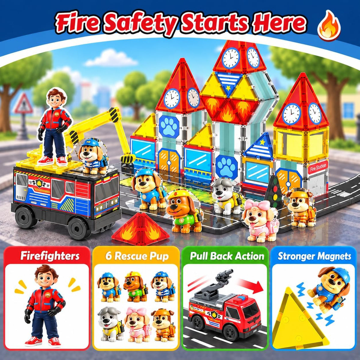 Camión de bomberos magnético con 5 coches, bloques magnéticos para niños de