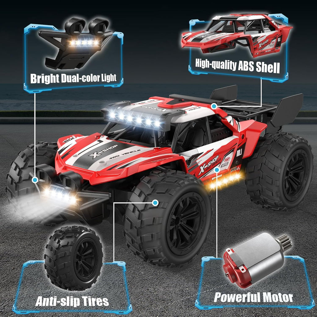 Auto de control remoto, 4WD de alta velocidad 30+KPH RC Cars para niños de 8 a 12 años, 2.4 GHz, camión RC Monster Truck 1:18 con 2 baterías recargables y luces LED, regalos de cumpleaños para