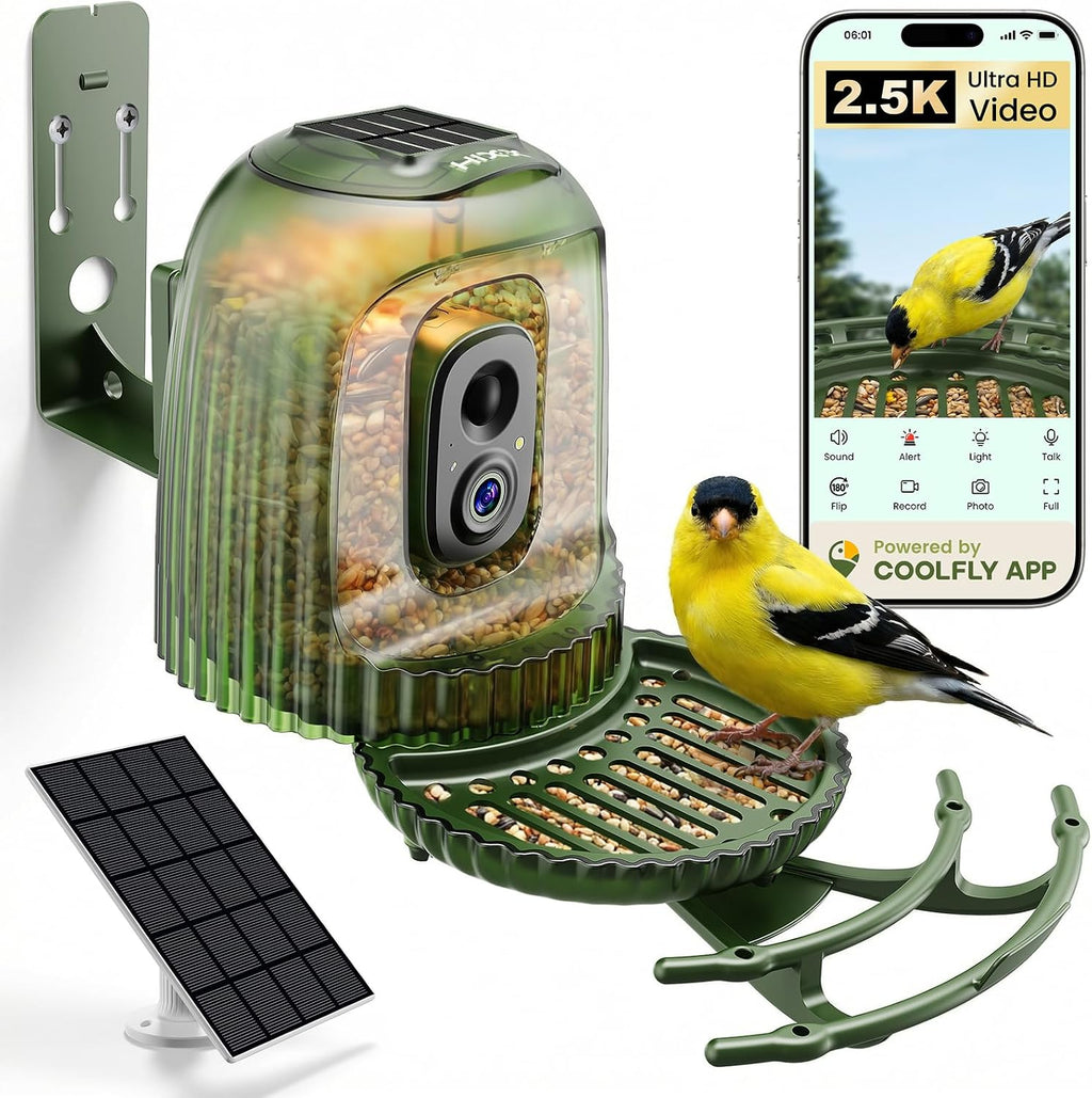Alimentador elegante del pájaro con la cámara accionado por energía solar