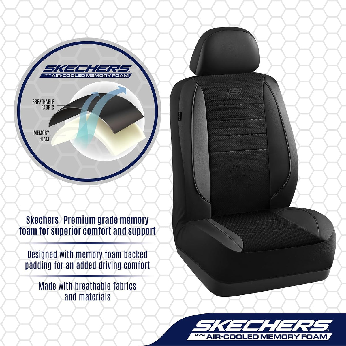 Skechers Fundas de asiento de espuma viscoelástica refrigeradas por aire, fundas de asiento de automóvil gruesas de malla, fundas de asiento de automóvil de cuero con ribetes para asientos delanteros
