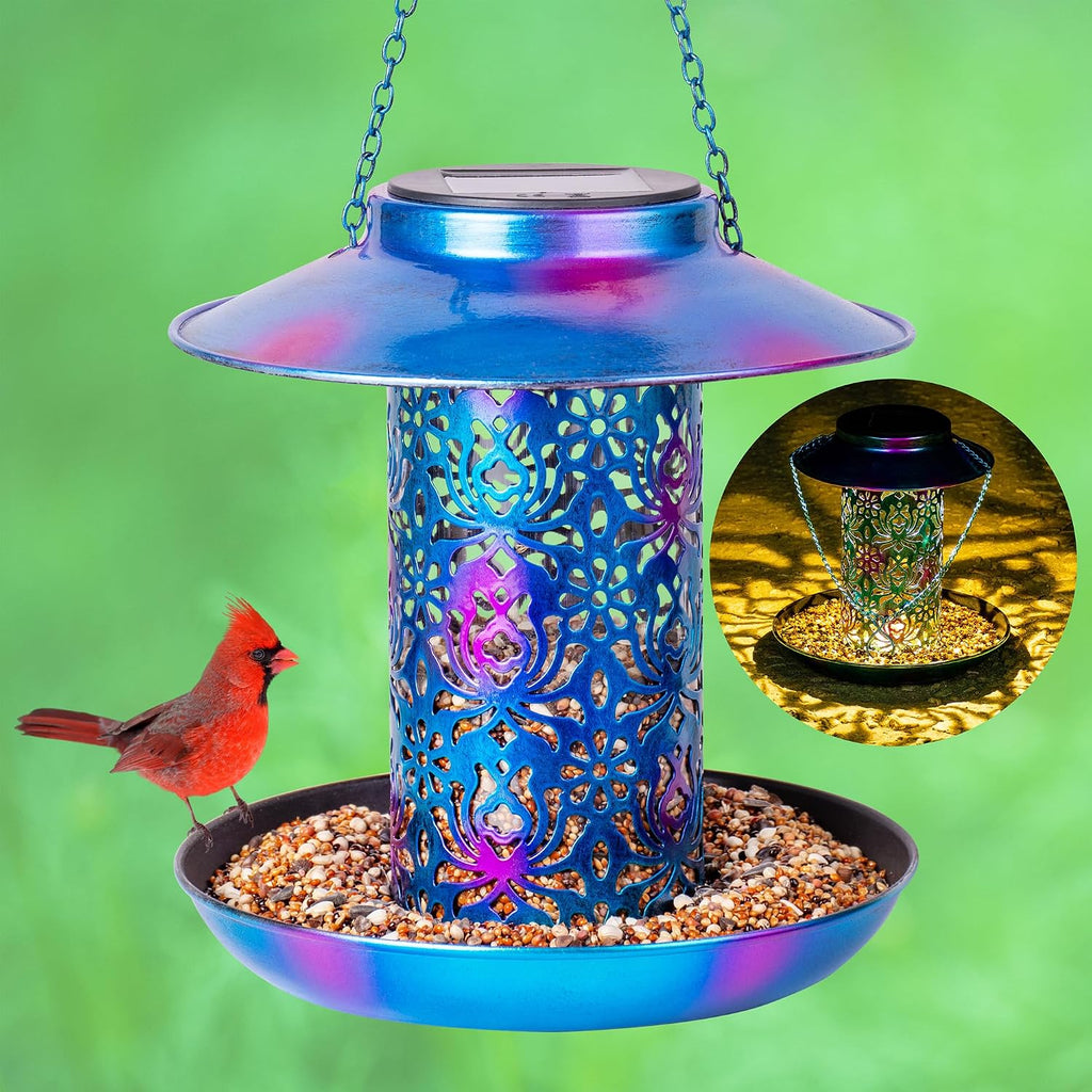 Comedero solar para pájaros para colgar al aire libre, farol de jardín de cardenales salvajes de metal con gancho en S, comedero para pájaros resistente a la intemperie y al agua como idea de