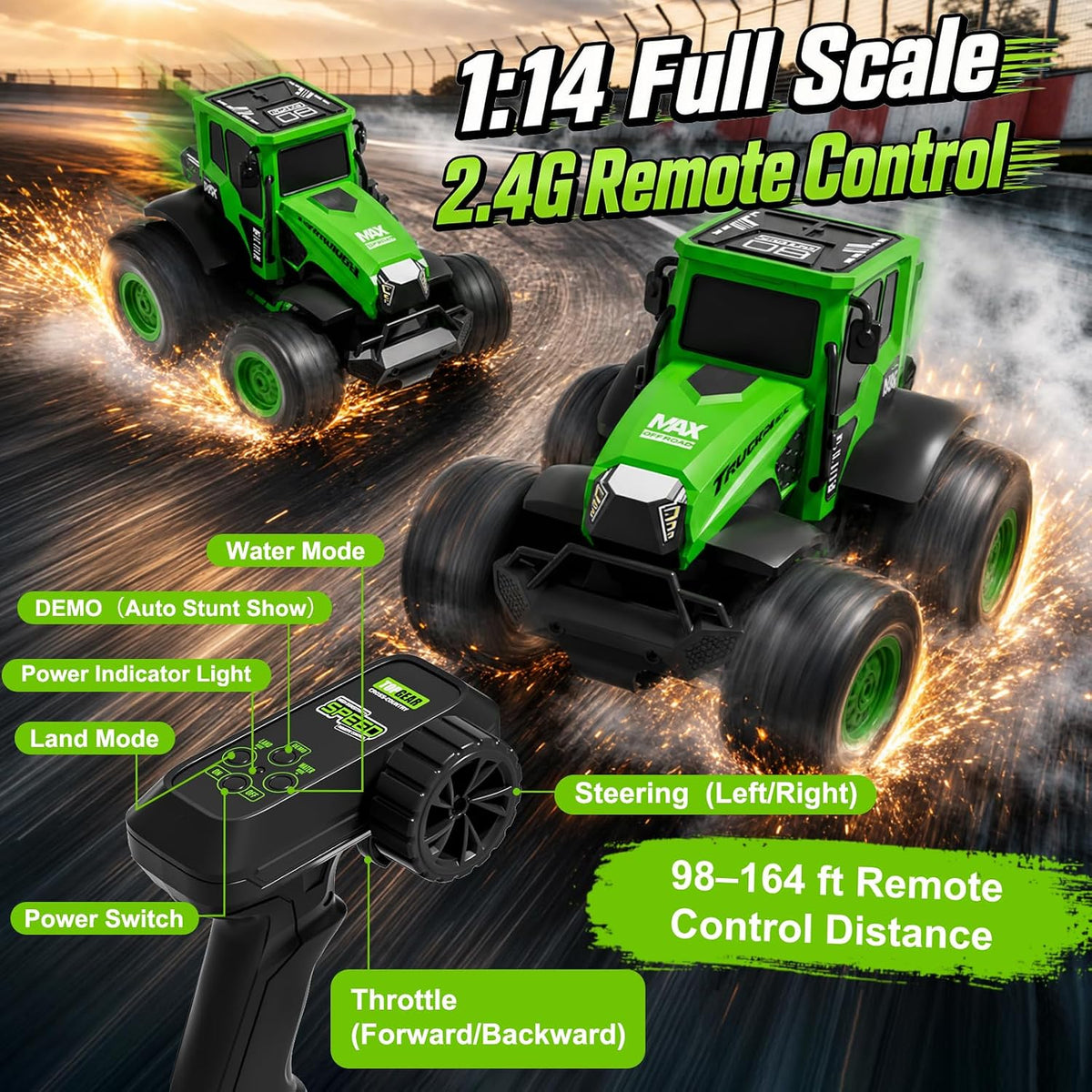 1:14 Amphibious Farm RC Tractor, 2.4GHz 4WD Off-Road Waterproof Stunt Car