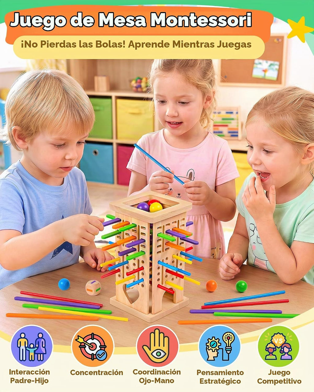 Montessori - Juegos de mesa de madera para niños de 4 a 6 años, juego de