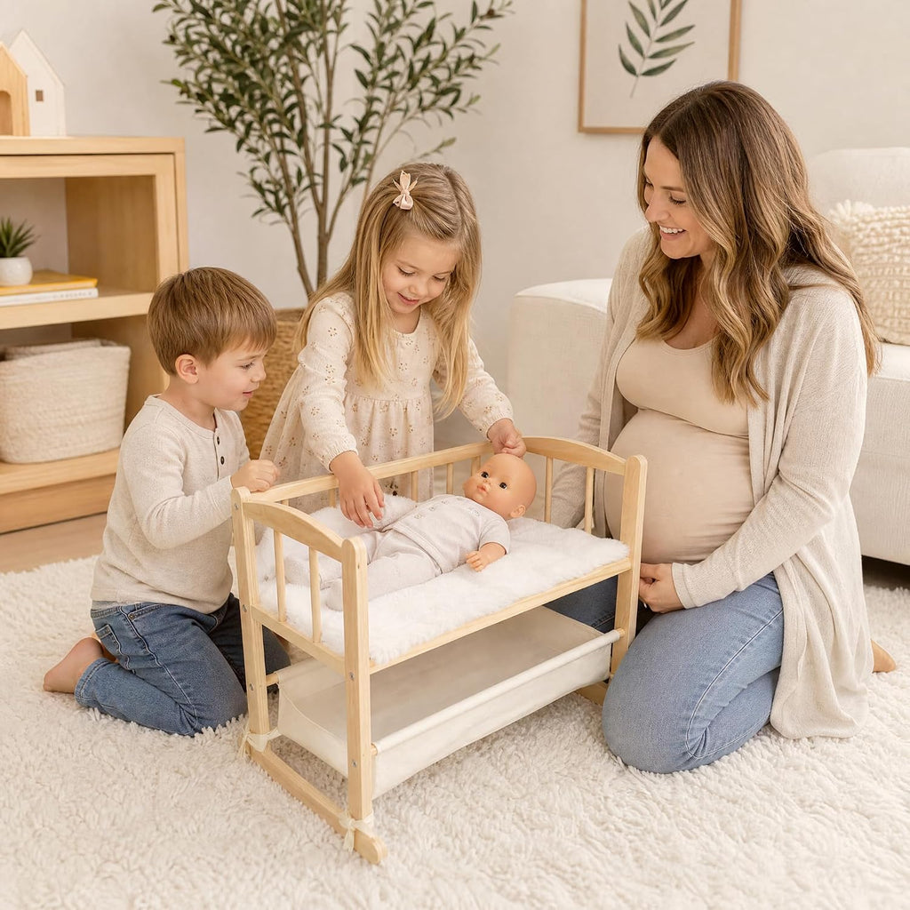 Cuna de madera 2 en 1 para muñeca con cesta de almacenamiento, se