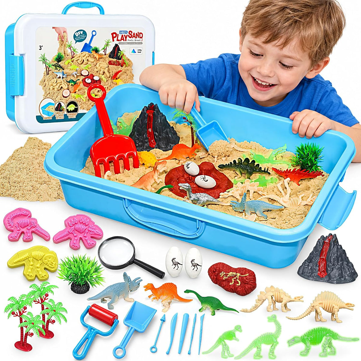 Kit de arena sensorial de dinosaurio, caja de arena sensorial con