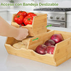 HOMESTEAD Contenedores de almacenamiento de despensa de bambú, apilables, para papas y cebollas, para encimera de cocina, organizador de despensa, cesta de frutas y verduras, multiusos, juego de 3 unidades de acceso deslizante