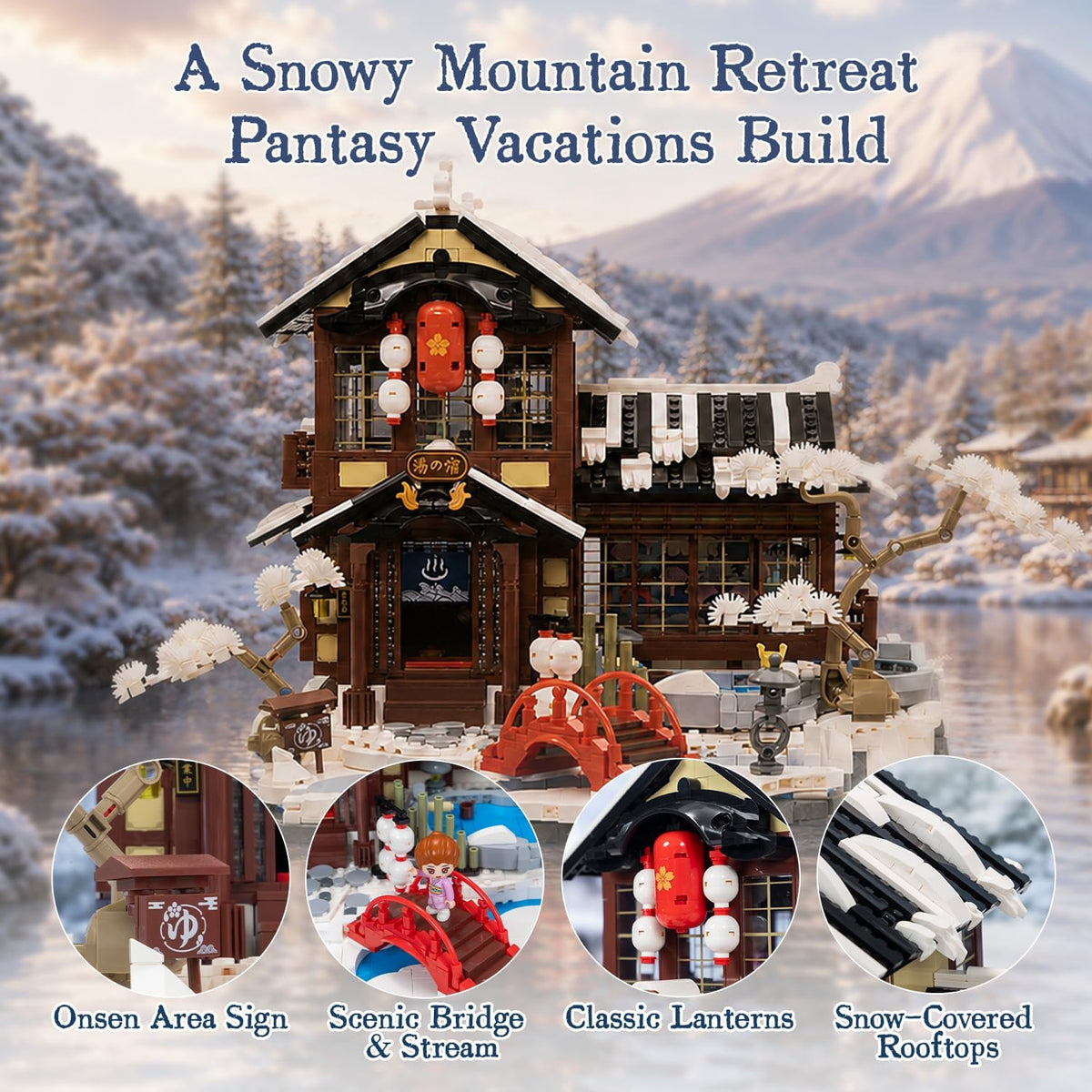 PANTASY Juego de construcción japonés Onsen para adultos, Snowy Hot Spring
