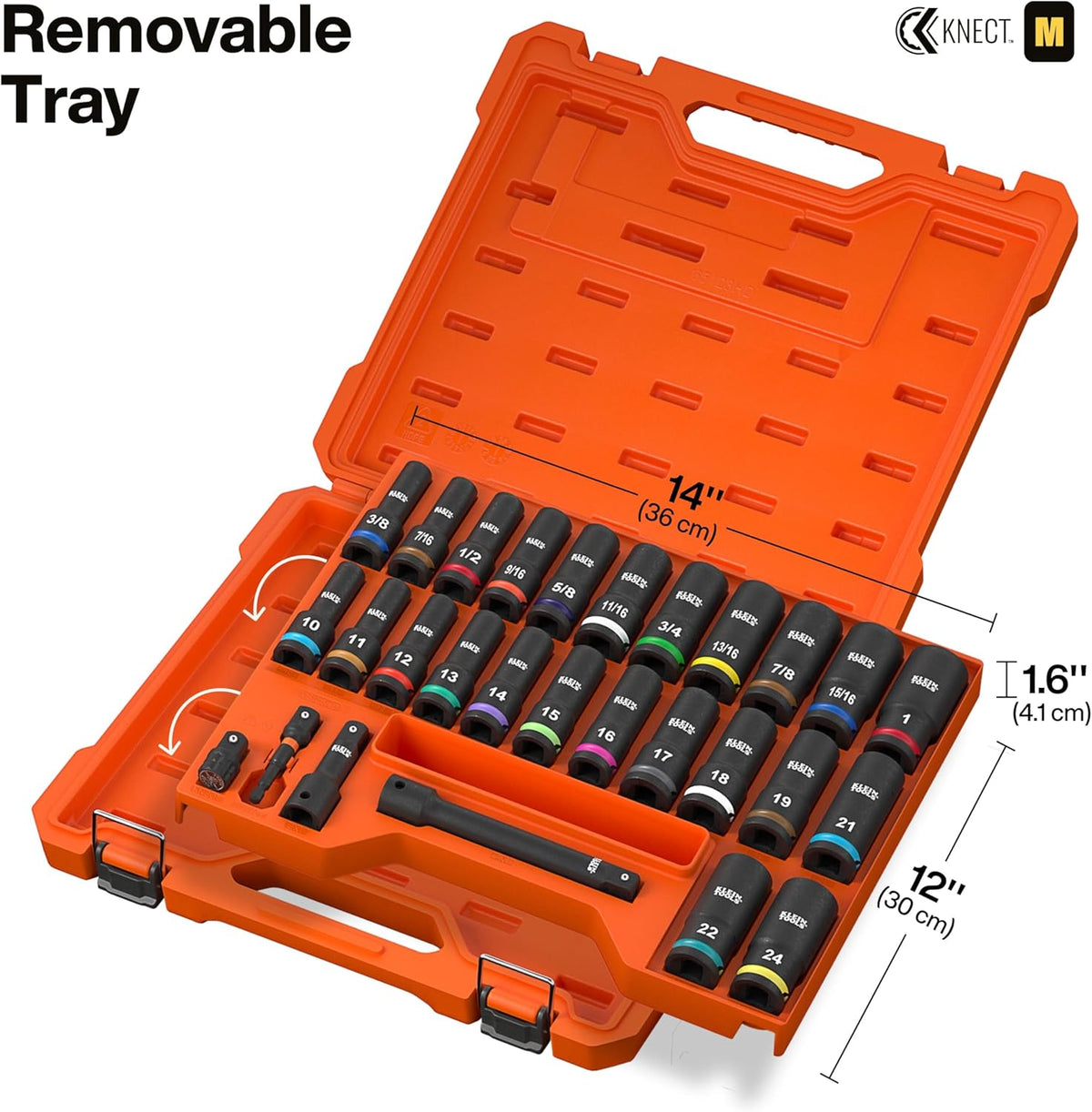 Klein Tools 65123HD KNECT - Juego de llaves de impacto para pozos profundos, unidad de 1/2 pulgada, SAE y métrico, juego de herramientas de 28 piezas, destornillador de impacto de 1/4 de pulgada
