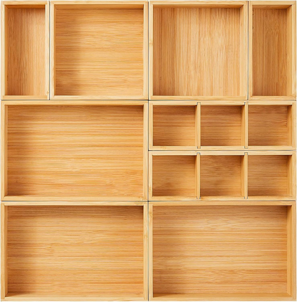 Fabsome Organizador de cajones, juego de 9 cajas de almacenamiento de madera de bambú para cocina, escritorio de maquillaje, cajas de almacenamiento para cubiertos, cubiertos, cubiertos, bandeja pequeña de madera para baño, oficina