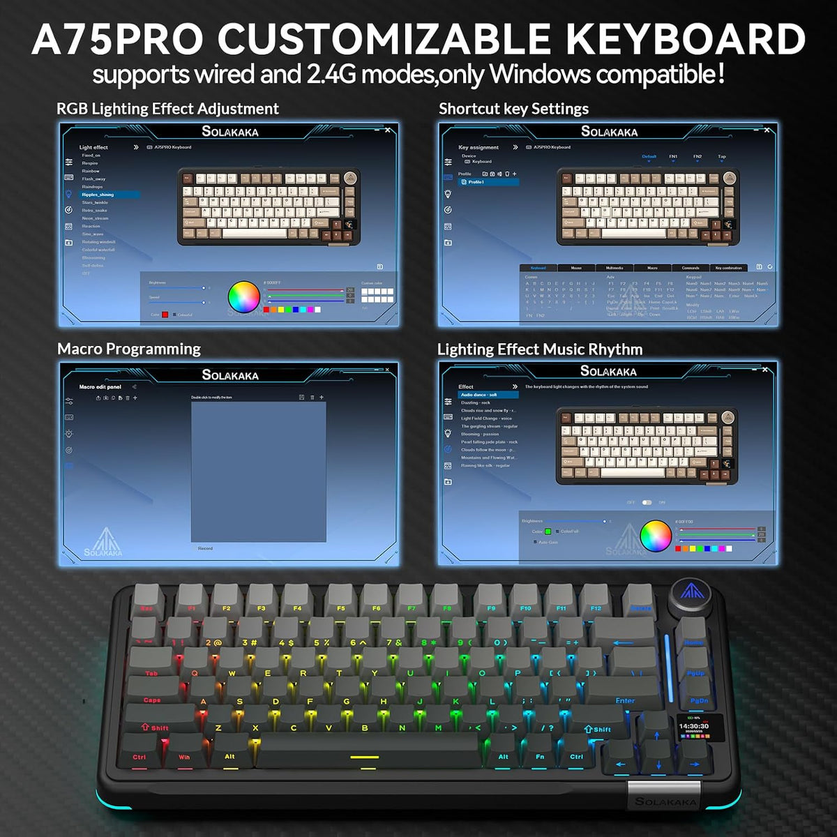 SOLAKAKA Teclado mecánico A75pro-ALL 75% con pantalla (gris degrada...
