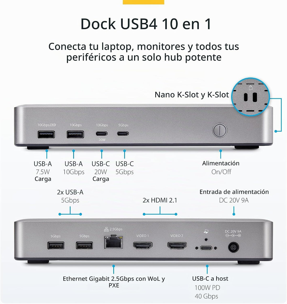 StarTech USB 4 sin controlador, Dual 4K 120Hz o 8K 60Hz HDMI, 100W, 2.5GbE