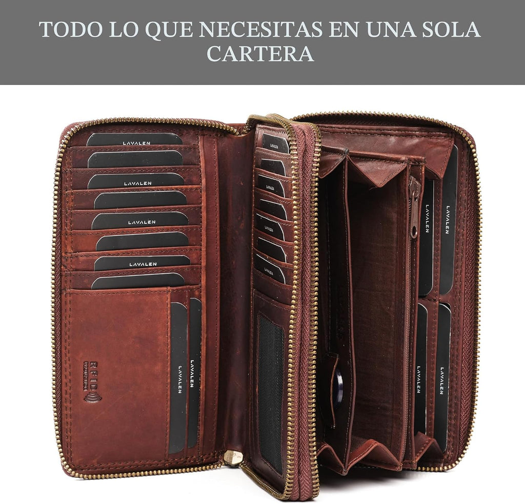 Cartera de cuero con RFID para Women, Porta tarjetas de cuero genuino con protección RFID