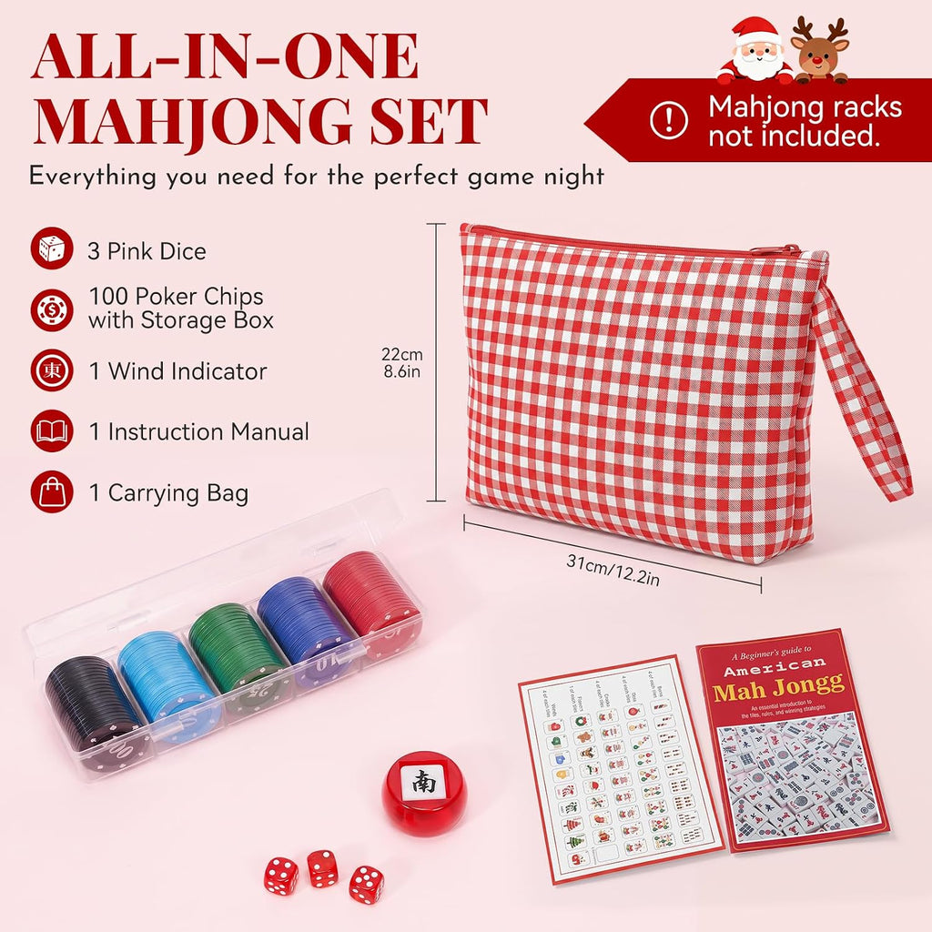 Christmas American Mahjong - Juego de 160 azulejos rojos grabados con bolsa
