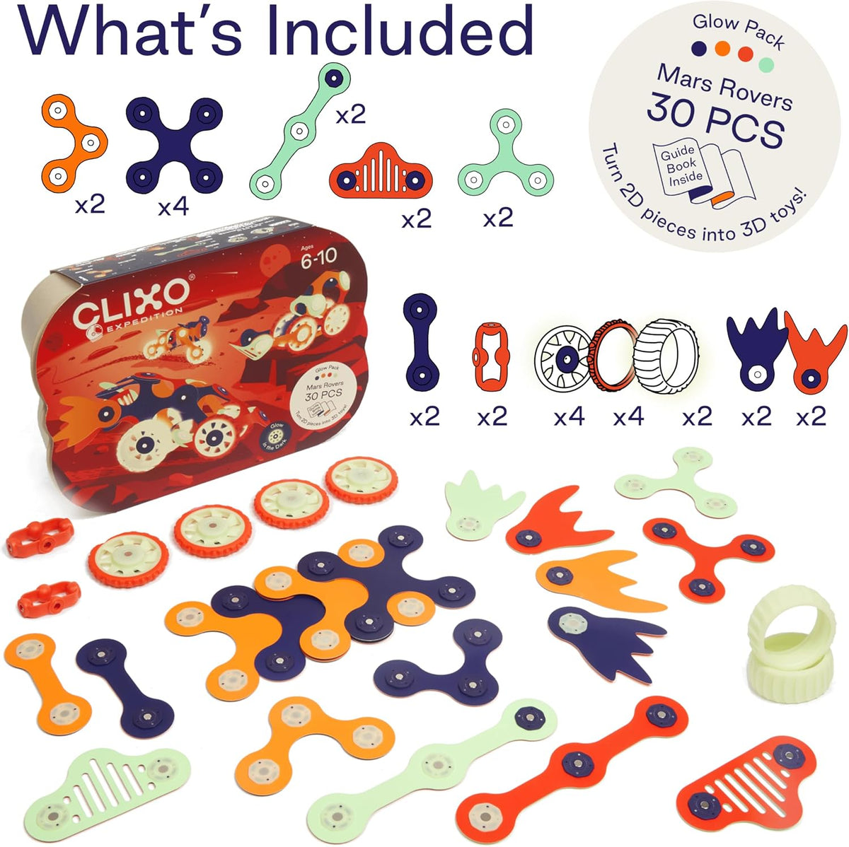 Clixo Mars Rover Pack, Glow STEM Space Magnetic Building Toys (30 Pc, 6+)
