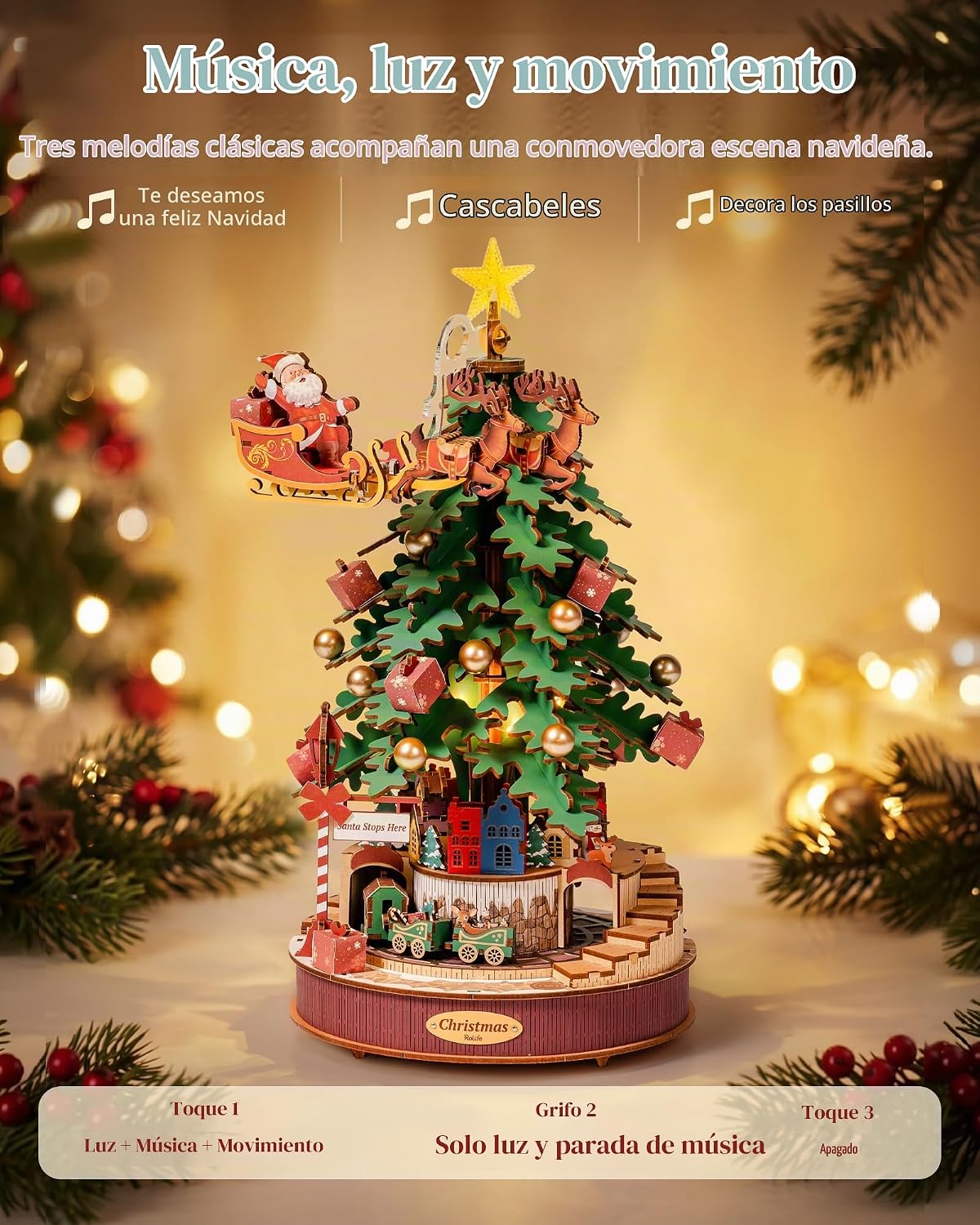 Rolife Rompecabezas 3D para adultos, árbol de Navidad musical de madera de 15.7 pulgadas, kit de construcción de modelos, manualidades, decoración para adultos, regalos para niños y niñas
