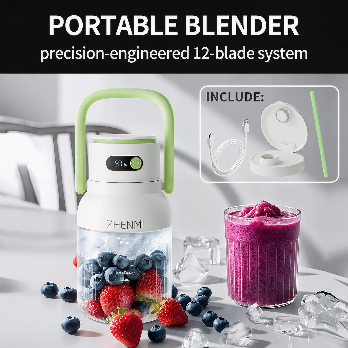Batidora portátil para batidos y batidos, mezclador personal recargable de 34 onzas con 12 cuchillas de acero inoxidable para triturar hielo, diseño de viaje inalámbrico, pantalla LED, sin BPA