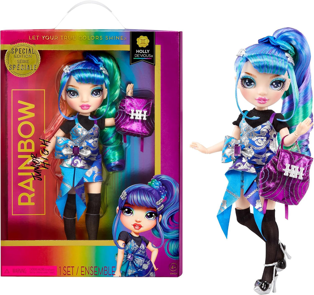 Rainbow High Junior High Edición Especial Holly De'Vious - Muñeca de moda azul y verde de 9 pulgadas con accesorios y mochila suave de apertura/cierre. Gran regalo de juguete para niños de 4 a 12 años