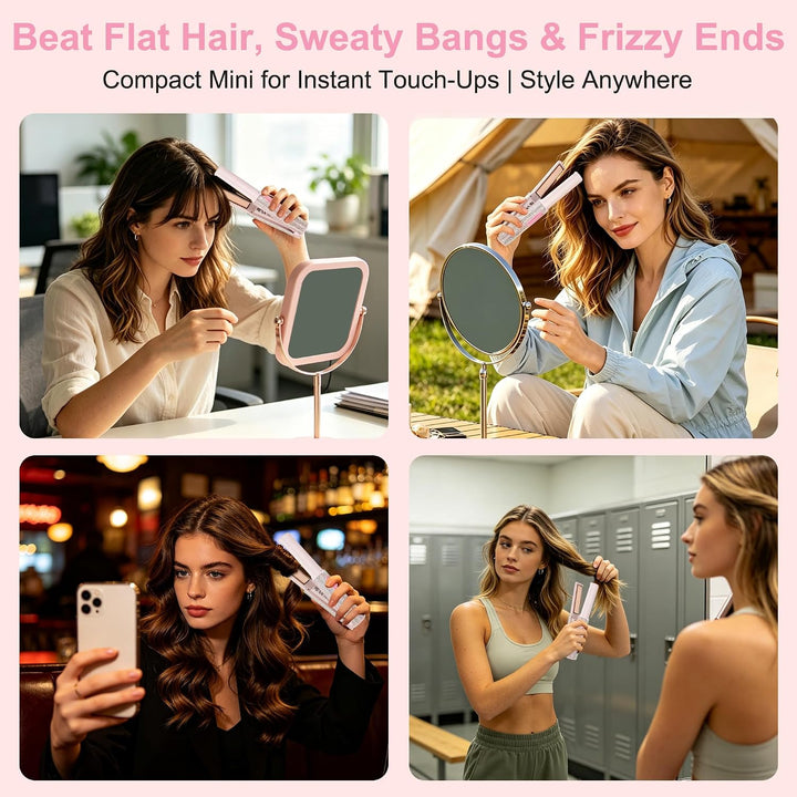 HUAJUN 2-in-1 Cordless Mini Travel Hair Straightener Curler Flat Ir...