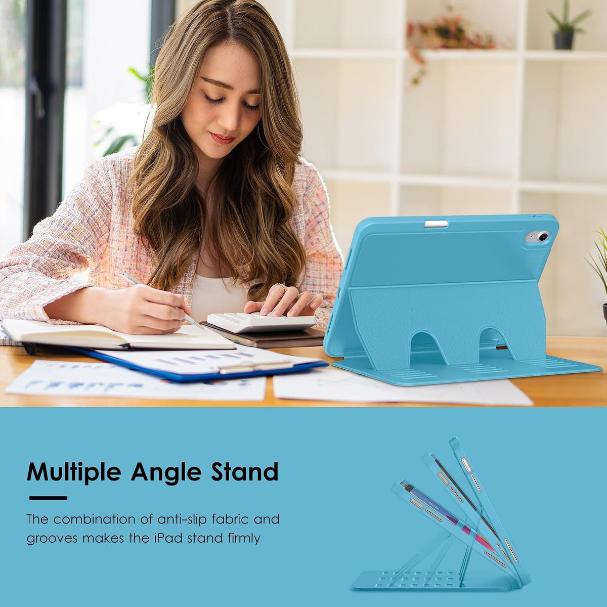 Funda para iPad (A16) de 11 pulgadas 2025 y iPad de 10ª/11ª generación de 10.9 pulgadas 2022, funda magnética con múltiples ángulos, parte trasera a prueba de golpes, soporte para lápiz y apagado y encendido automático, azul cielo
