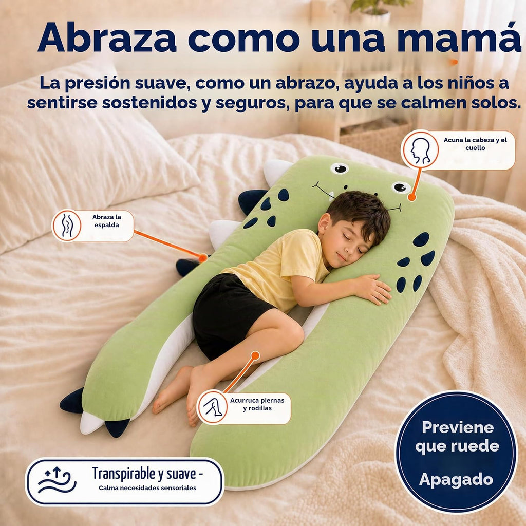 Almohada para cuerpo de niños con forma de dinosaurio - 119 cm en forma de U de felpa larga y suave para niños, para dormir, leer, comodidad para TDAH y necesidades especiales, ansiedad