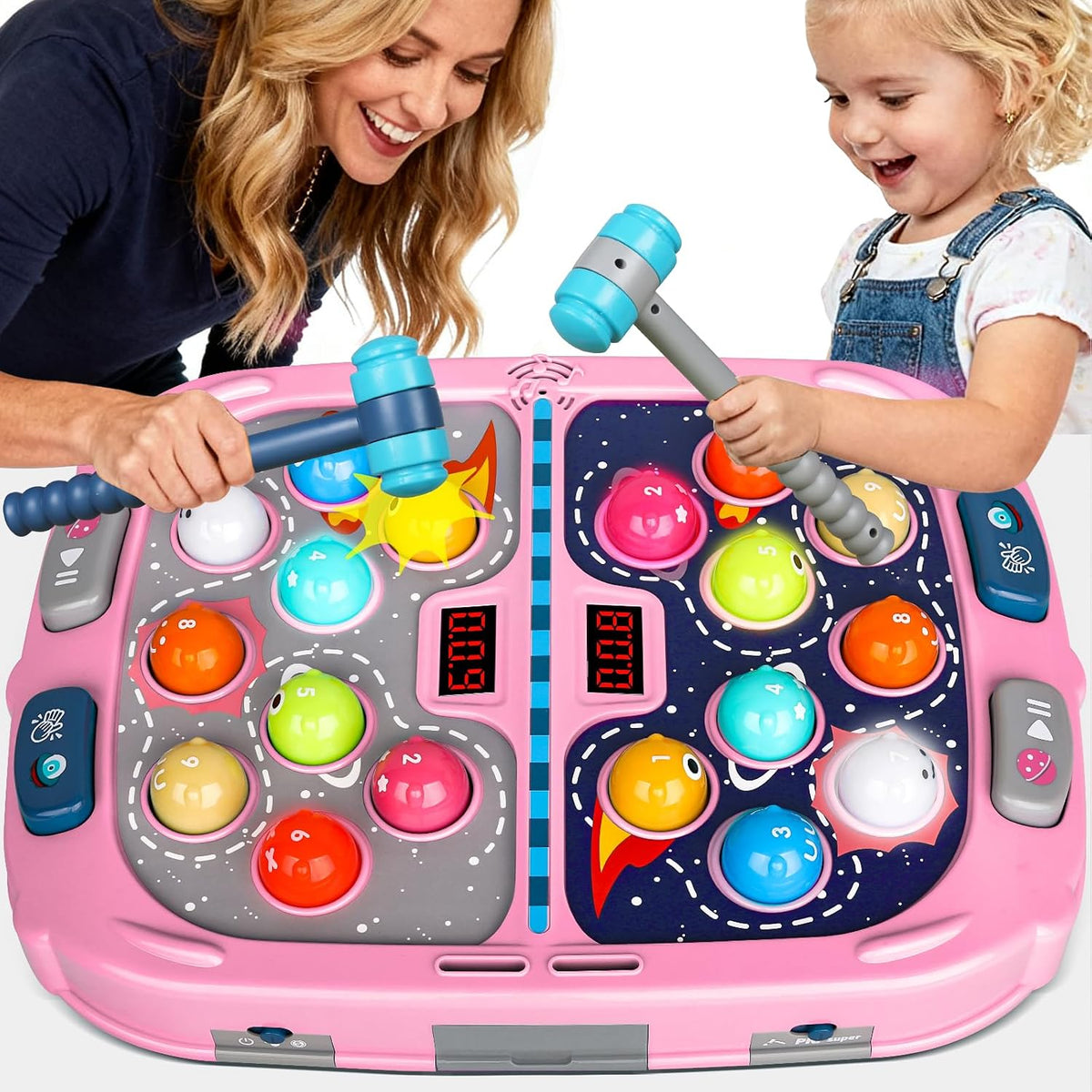 Juego de Golpea a los Topos para 2 Jugadores - Juguete para Niños de 3-12 Años, 2 Martillos, 3 Modos con Sonido y Luz, Juguete Seguro y Educativo de Golpeo, Regalo de Cumpleaños para Niños y Niñas de 3 4 5 6+ Años, Rosa