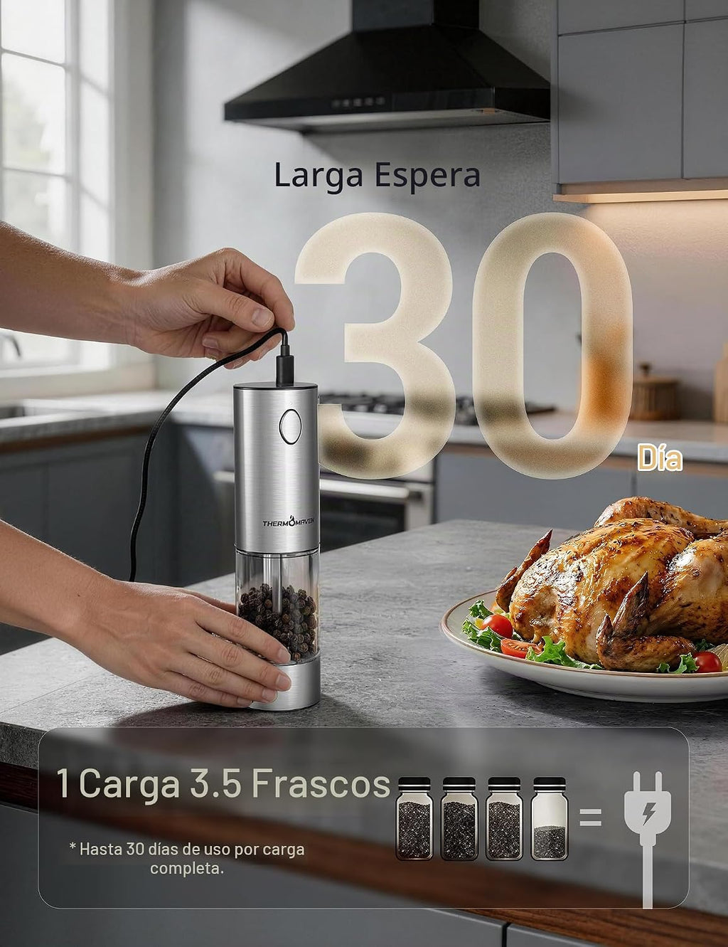 ThermoMaven Juego de molinillo eléctrico de sal y pimienta de mayor