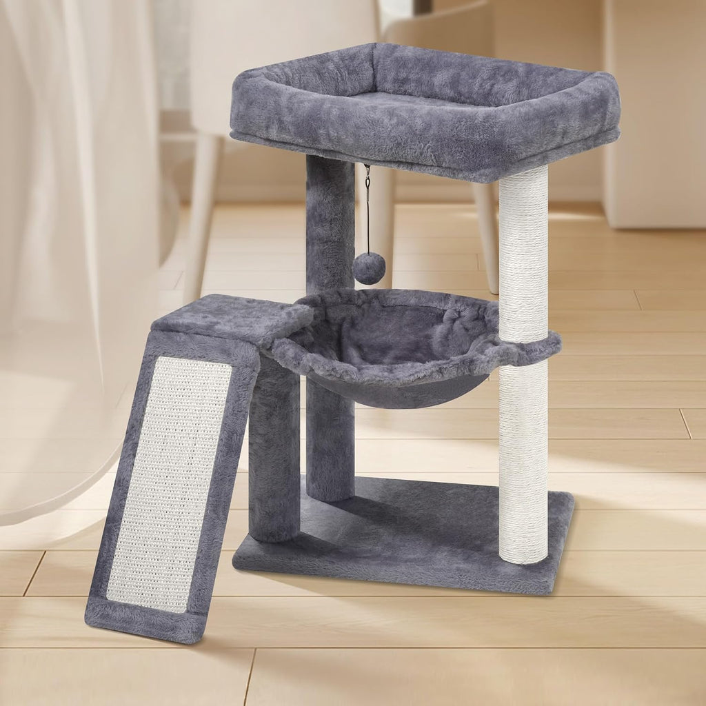 YOUPET - Árbol para gatos con poste rascador para gatos de interior, torre para gatos con tabla de rascar y bolas de juguete divertidas, torre de árbol para gatos con hamaca acogedora, gris