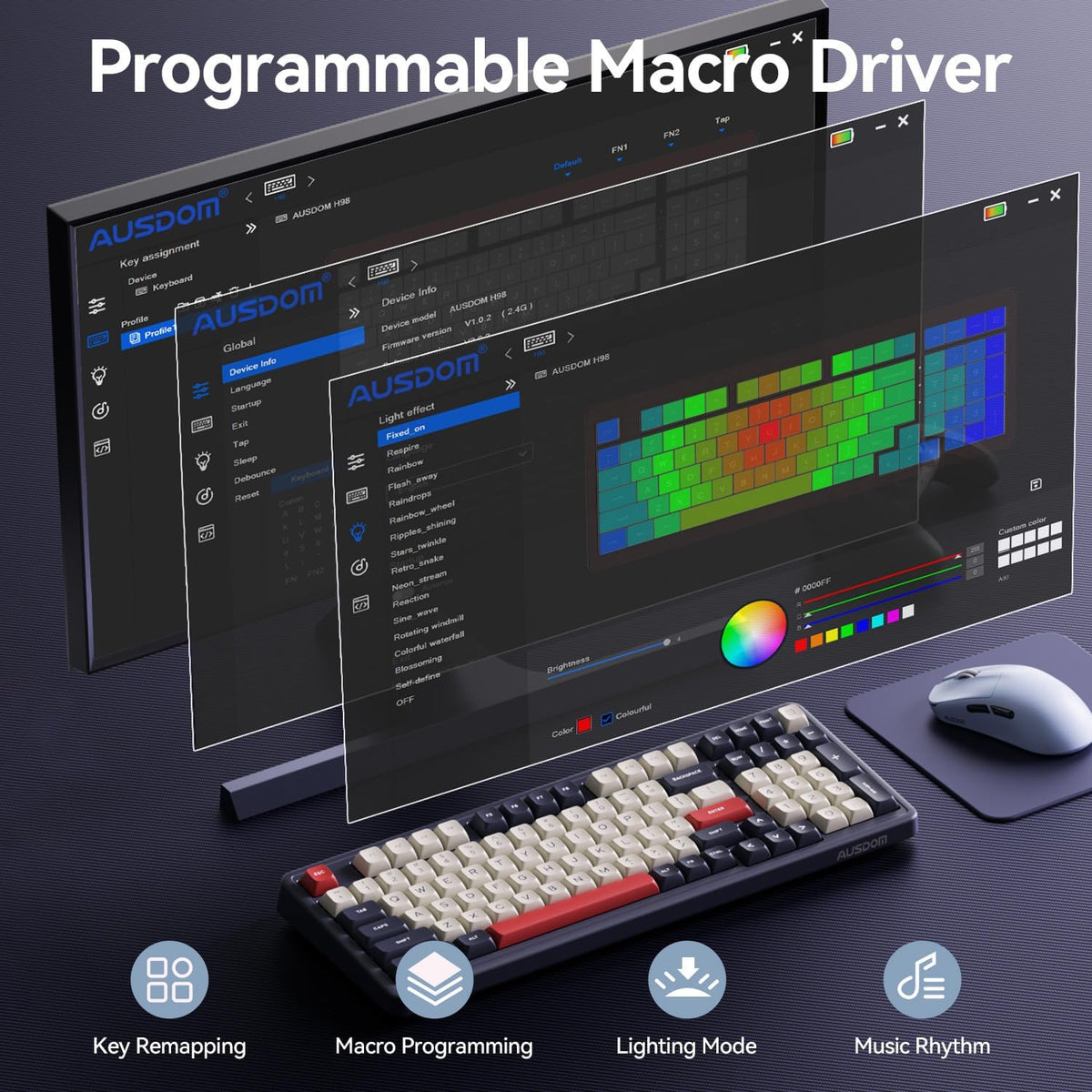 AUSDOM Teclado mecánico Bluetooth inalámbrico H98, BT5.3\/Type-C\/2...