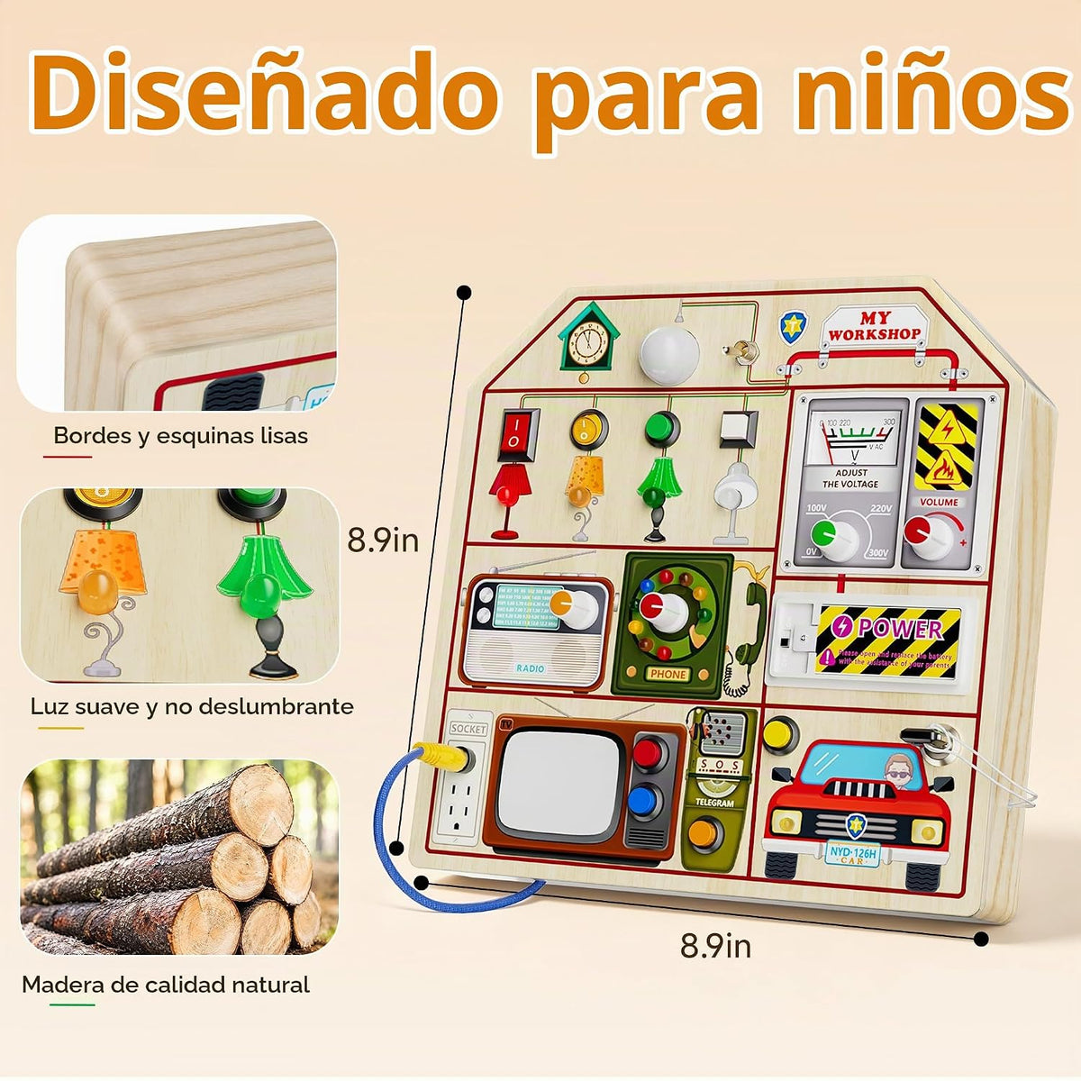 JAUNTY Montessori Tablero Ocupado de Madera para Niños Pequeños de 3 4 5 Años, Juguetes Sensoriales de Madera para Niños Pequeños con Interruptores de Luz LED, TV Radio Teléfono y Conducción de