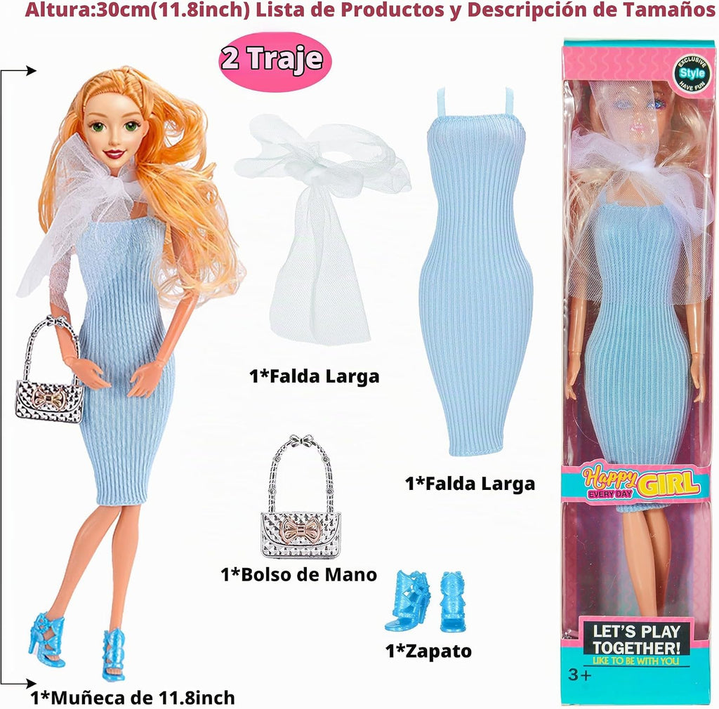 Set de 6 Muñecas Prinecess Americanas de Moda 11.5 pulgadas con Conjuntos de Vestuario, Diseños de Vestido y Accesorios como Bolso, Sombrero, Corona, Collar y Maletín (Empaque en Caja de Regalo)