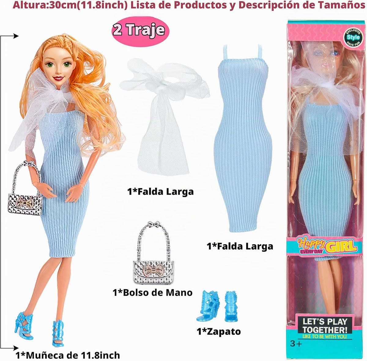 Set de 6 Muñecas Prinecess Americanas de Moda 11.5 pulgadas con Conjuntos de Vestuario, Diseños de Vestido y Accesorios como Bolso, Sombrero, Corona, Collar y Maletín (Empaque en Caja de Regalo)