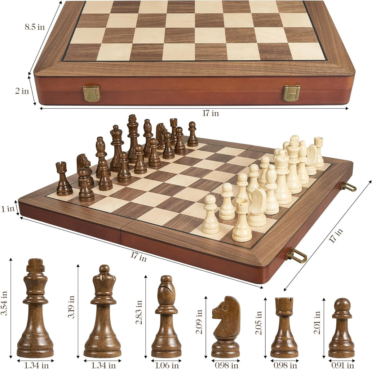 Juego de ajedrez magnético de madera de 17 pulgadas para adultos y niños, juegos de mesa de ajedrez con piezas magnéticas y reinas adicionales, juegos de ajedrez plegables portátiles grandes y únicos