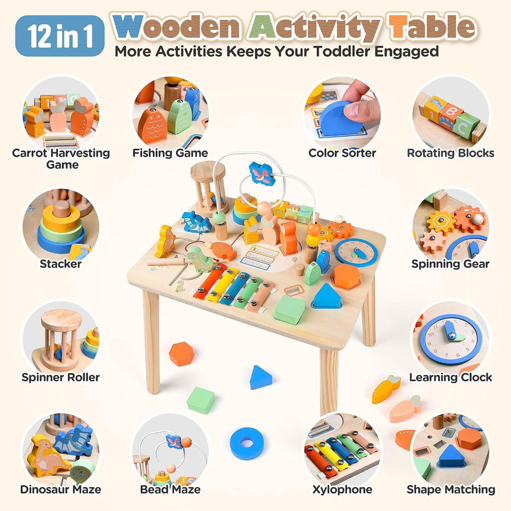 Mesa de actividades para niños pequeños, juguetes Montessori de madera 12