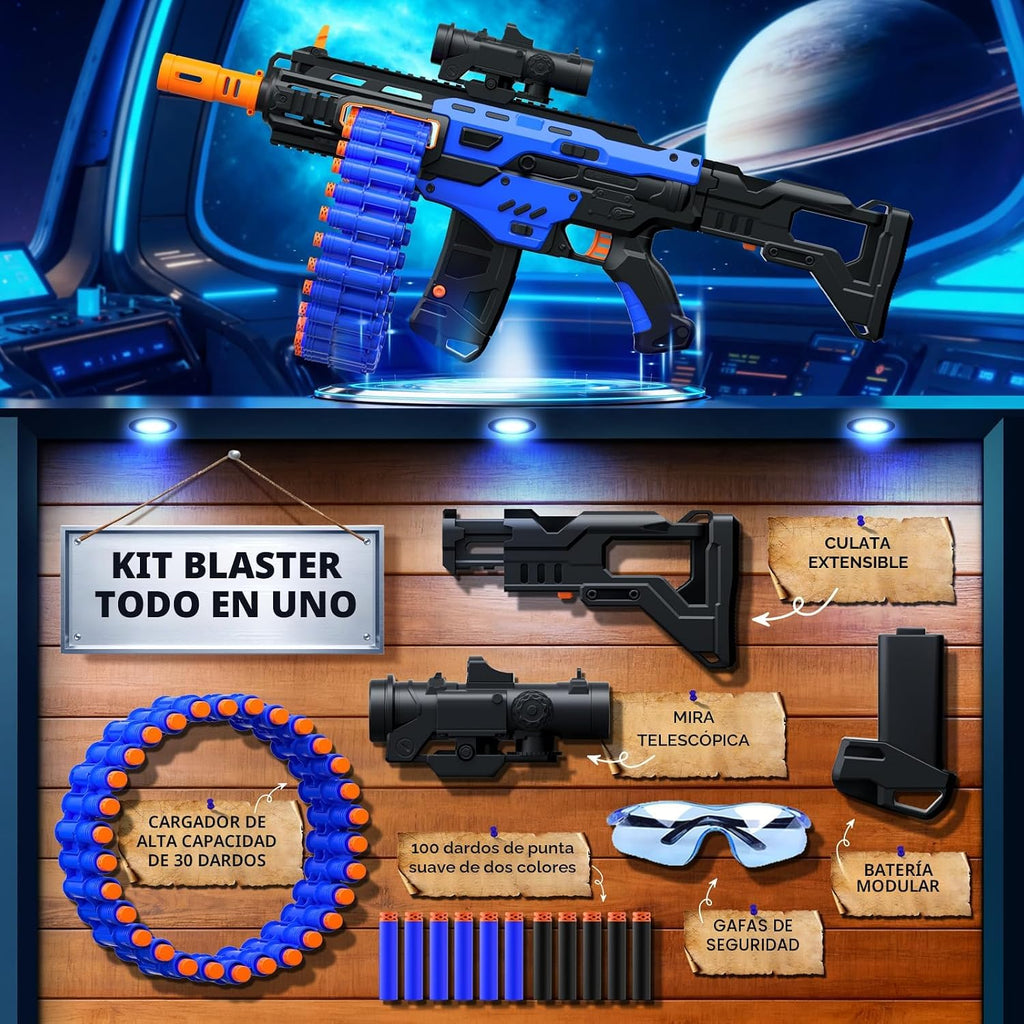 SOFITEN Pistola de juguete eléctrica automática con alcance de juguete con tambor giratorio de 30 dardos y 100 dardos de espuma, juegos de disparos al aire libre, juguetes de cumpleaños para adolescentes, niños y niñas y adultos