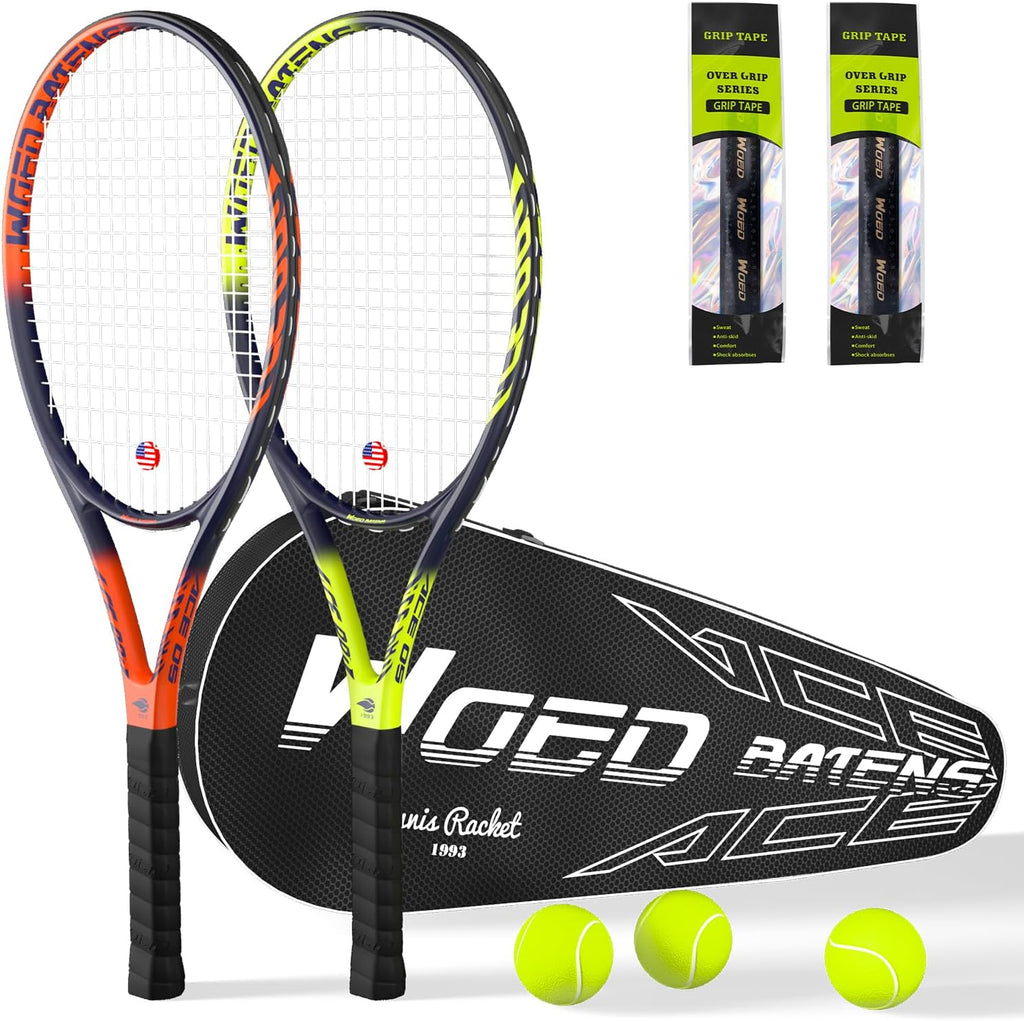 Raqueta de tenis profesional para adultos, 2 jugadores de 27 pulgadas, raqueta de tenis de velocidad aceptable para principiantes y profesionales con 3 pelotas de tenis, 2 amortiguadores de vibración,
