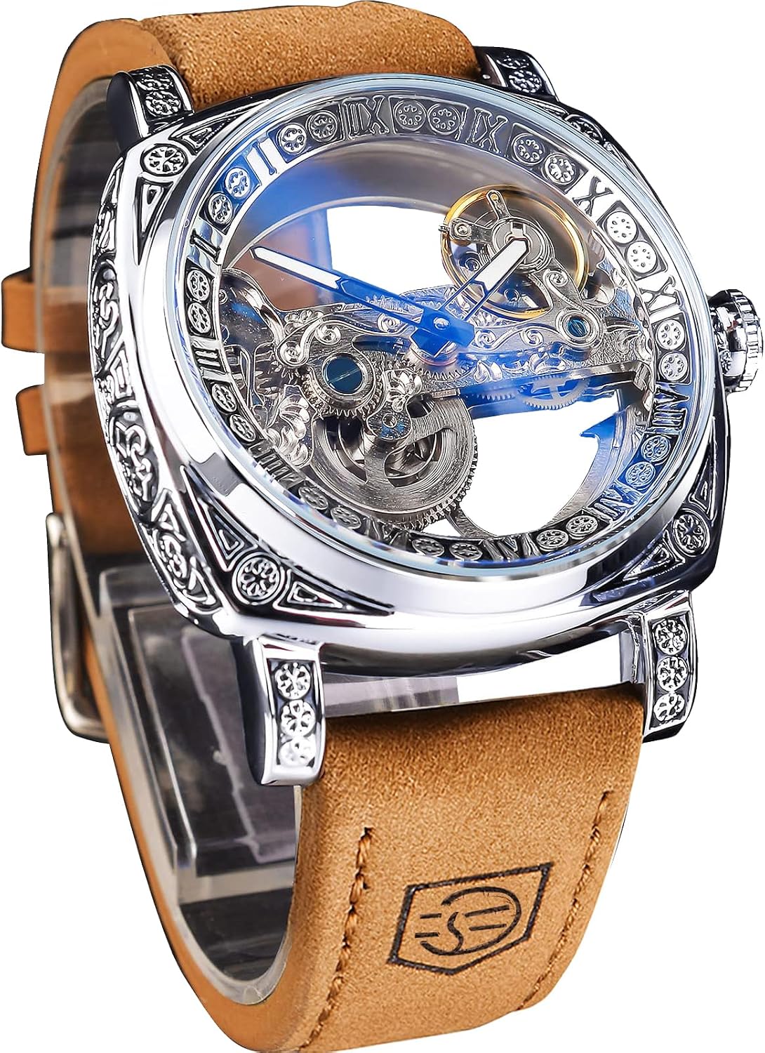 FORSINING Reloj mecánico de talla cuadrada de lujo para hombre, tótem retro de doble cara, esqueleto hueco de doble cara, reloj de pulsera con correa de cuero vintage para hombre