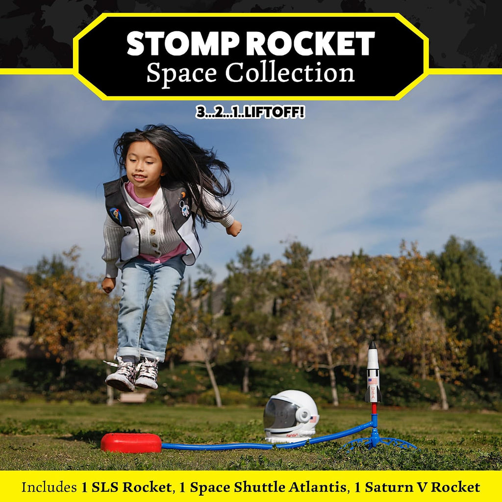 Stomp Rocket Space Collection - Lanzacohetes para niños, 3 cohetes de la NASA, juguete divertido para patio trasero y exterior, regalo para niños y niñas, juego de lanzador de espuma suave STEM que se eleva hasta 100 pies, a partir de 5 años